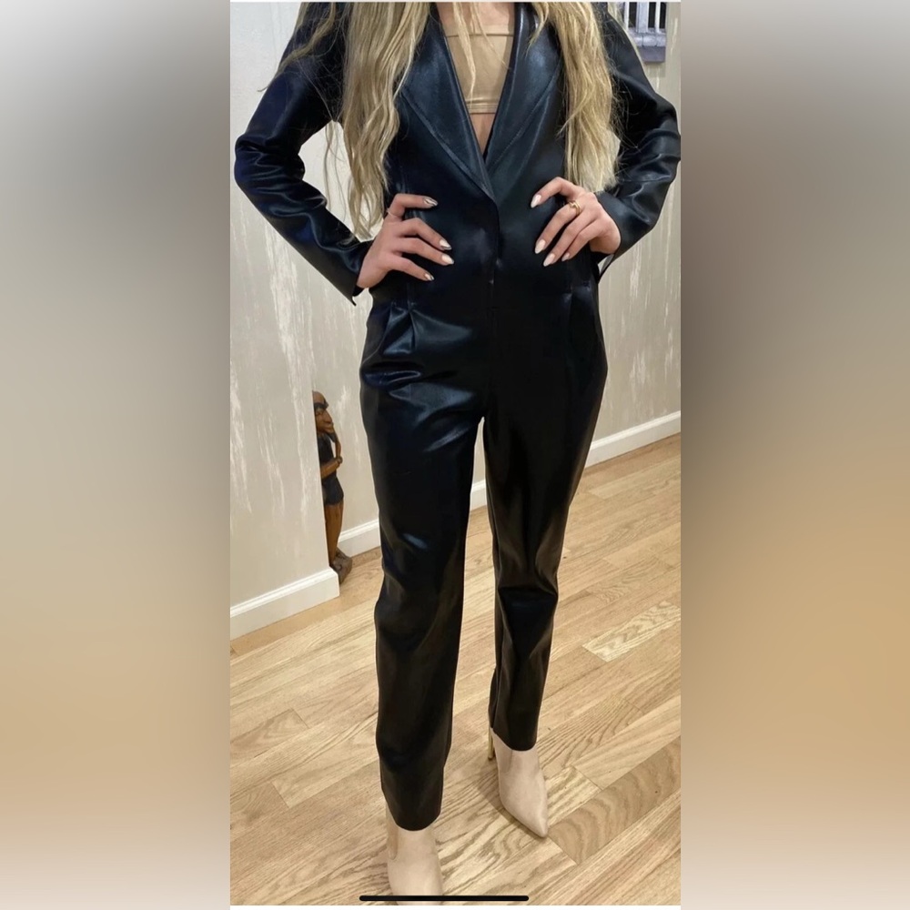 Norma Kamali Sleek Black Vegan leather Jumpsuit, size XS